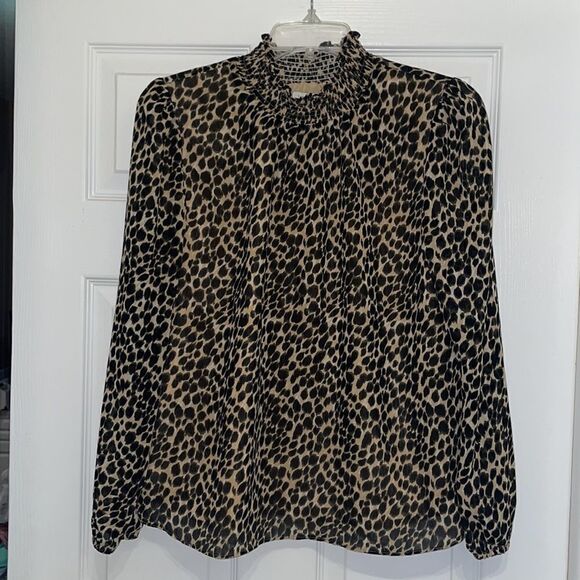 J Crew Factory Leopard Long Sleeve Chiffon Gathered Mock Neck Blouse - Picture 5 of 11